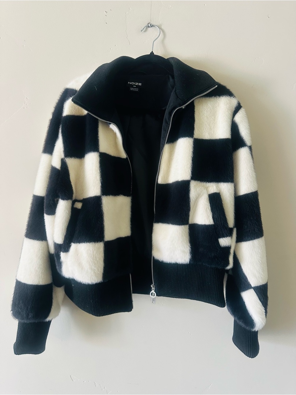 Noize Black & White Checkerboard Plush Bomber Jacket